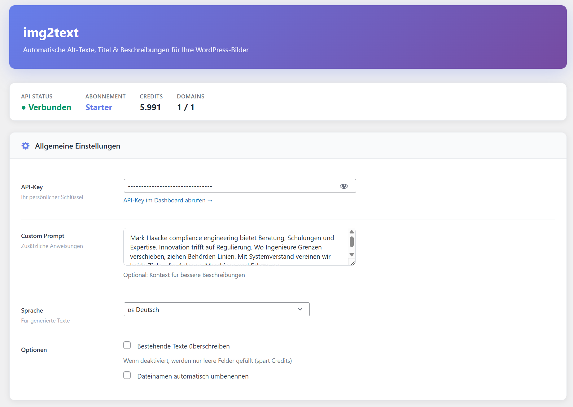 img2text Plugin Einstellungen